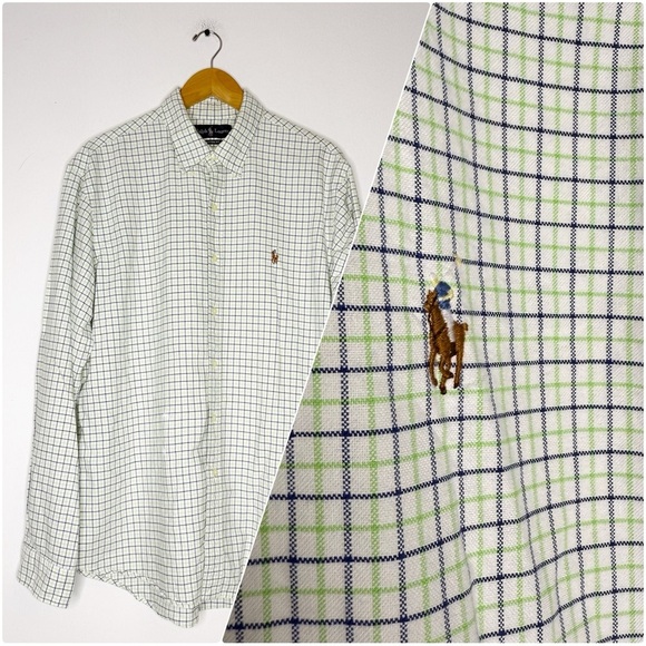 Ralph Lauren Men’s XL Custom Fit Button Down Shirt Green Navy White Check - Picture 1 of 6